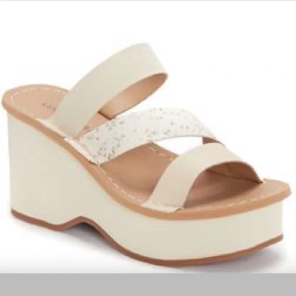 Lucky Brand Mimya Leather Chunky Platform Open Toe‎ Slip On Wedges NWOT Size 9